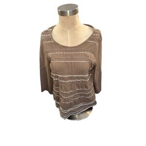 Chicos Brown Textured Embellished Long Sleeve Top Tunic Size 2